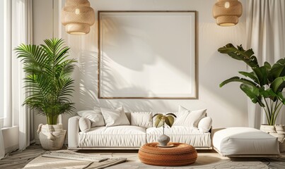 Mock up poster, interior composition, sofa, wood chair, flower and white poster,