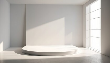 Empty simple background for presentation with wall and podium. Sunlight from the window casts a shadow on light wall. Blank stage with soft shadows and light mockup copy space.