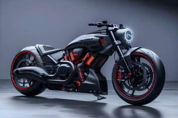 Matte Black High-performance Motorcycle with Vibrant Red Accents Displayed in Minimalist Setting - obrazy, fototapety, plakaty