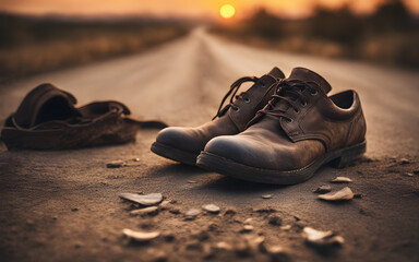 A pair of worn-out shoes on a dusty road, symbolizing journey and endurance, with a defocused sunrise or sunset in the background