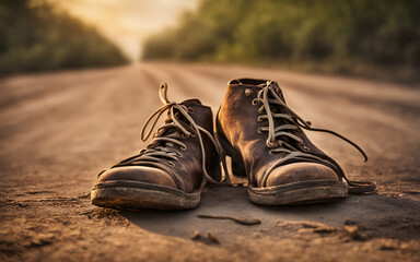 A pair of worn-out shoes on a dusty road, symbolizing journey and endurance, with a defocused sunrise or sunset in the background - obrazy, fototapety, plakaty