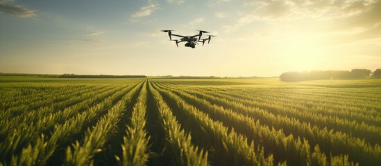 drone quad copter on green corn field