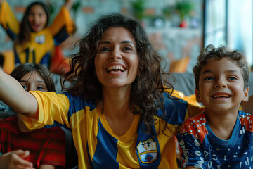 Latin mother and her children wearing jerseys, excitedly watching a football game on TV at home.