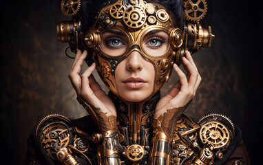 A woman with blue eyes wearing a futuristic steampunk costume and protective mask made of gears.
