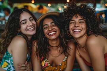 Portrait of three women of different nationalities smiling in a bar on a summer day - obrazy, fototapety, plakaty