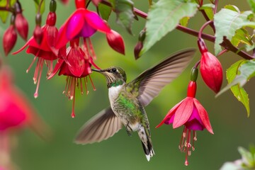 Hummingbird and fuchsia, nature background