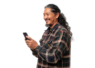 Native American Man Smiling with Smartphone