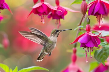 Hummingbird with red flowers and fuchsia, nature background,close up