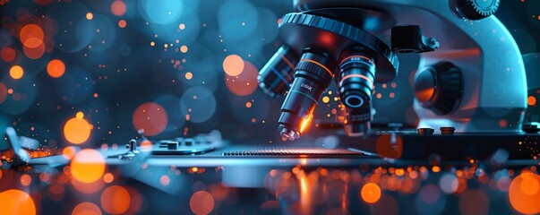 Modern microscope on a high-tech laboratory backdrop - This imagery showcases a high-tech microscope amidst a blur of futuristic laboratory bokeh lights, highlighting detailed scientific exploration