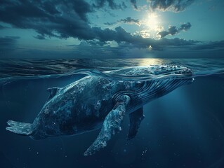 Pair of whales gliding under ocean's twilight - Two humpback whales glide with grace through the ocean's twilight, showcasing the profound beauty of marine life