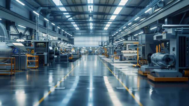 A busy aerospace composites manufacturing facility with specialized equipment and quality control stations, momentarily idle but ready to manufacture advanced composite materials