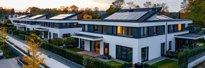 Obraz premium A harmonious row of houses adorned with sleek solar panels on their roofs, harnessing the power of the sun to generate energy