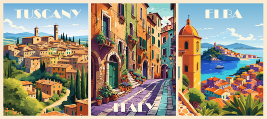 Set of Italy Travel Destination Posters in retro style. Tuscany, Elba Island, Old Town street digital prints. European summer vacation, holidays concept. Vintage vector colorful illustrations.