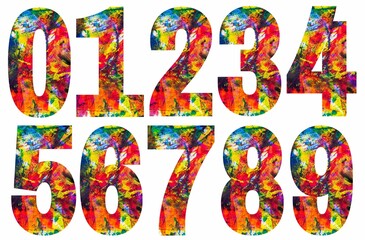 Colorful numbers designs on white background. Beautiful multicolored numbers design decorated from 0 to 9..