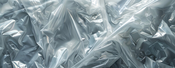 White plastic or polyethylene bag Wrinkled transparent plastic texture on a white background Transparent packaging film look like close up of the cellophane crumpled saving the environment.