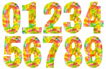 Naklejka premium Colorful numbers designs on white background. Beautiful multicolored numbers design decorated from 0 to 9..