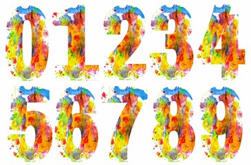 Colorful numbers designs on white background. Beautiful multicolored numbers design decorated from 0 to 9..