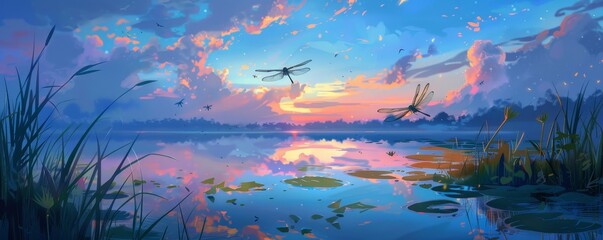 Anime-style illustration of dragonflies flying over a tranquil pond at twilight