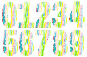 Colorful numbers designs on white background. Beautiful multicolored numbers design decorated from 0 to 9..