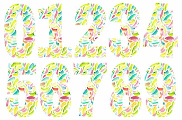 Obraz premium Colorful numbers designs on white background. Beautiful multicolored numbers design decorated from 0 to 9..
