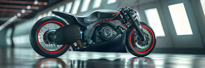 Matte Black High-performance Motorcycle with Vibrant Red Accents Displayed in Minimalist Setting - obrazy, fototapety, plakaty