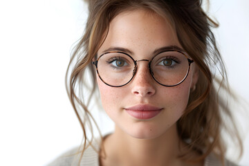 Obraz premium Closeup portrait of young beautiful woman in glasses, isolated on light grey background