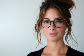 Fototapeta premium Closeup portrait of young beautiful woman in glasses, isolated on light grey background