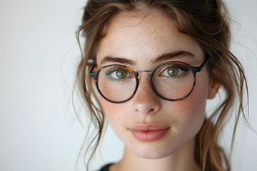 Closeup portrait of young beautiful woman in glasses, isolated on light grey background