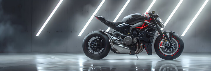 Matte Black High-performance Motorcycle with Vibrant Red Accents Displayed in Minimalist Setting