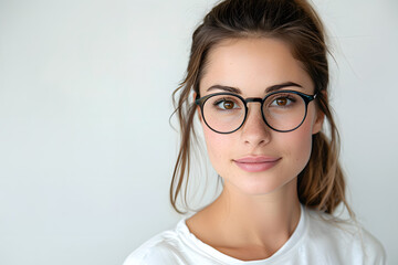 Obraz premium Closeup portrait of young beautiful woman in glasses, isolated on light grey background