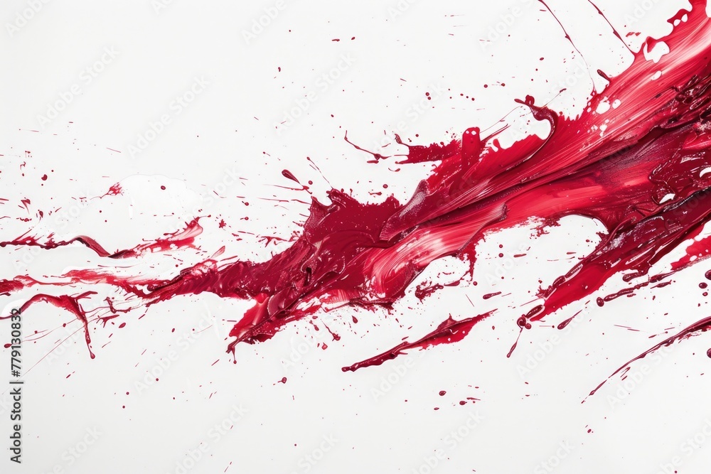Poster detailed view of red paint splattered on white surface, suitable for artistic projects