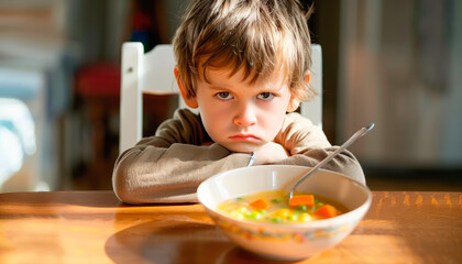 a child with his arms crossed in a bad mood who refuses to eat a vegetable soup at the table
