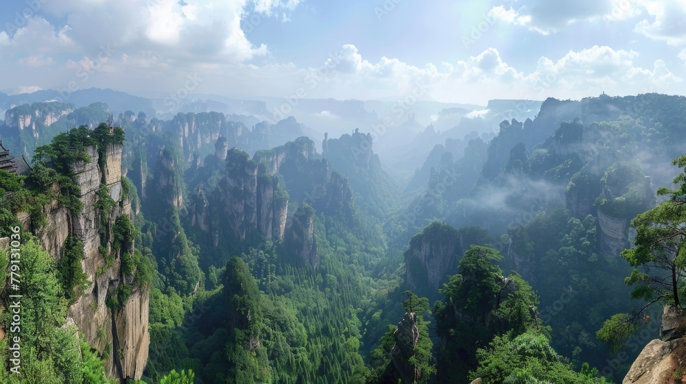 Poster A scenic view of a mountain range with trees in the foreground. Suitable for nature and travel concepts