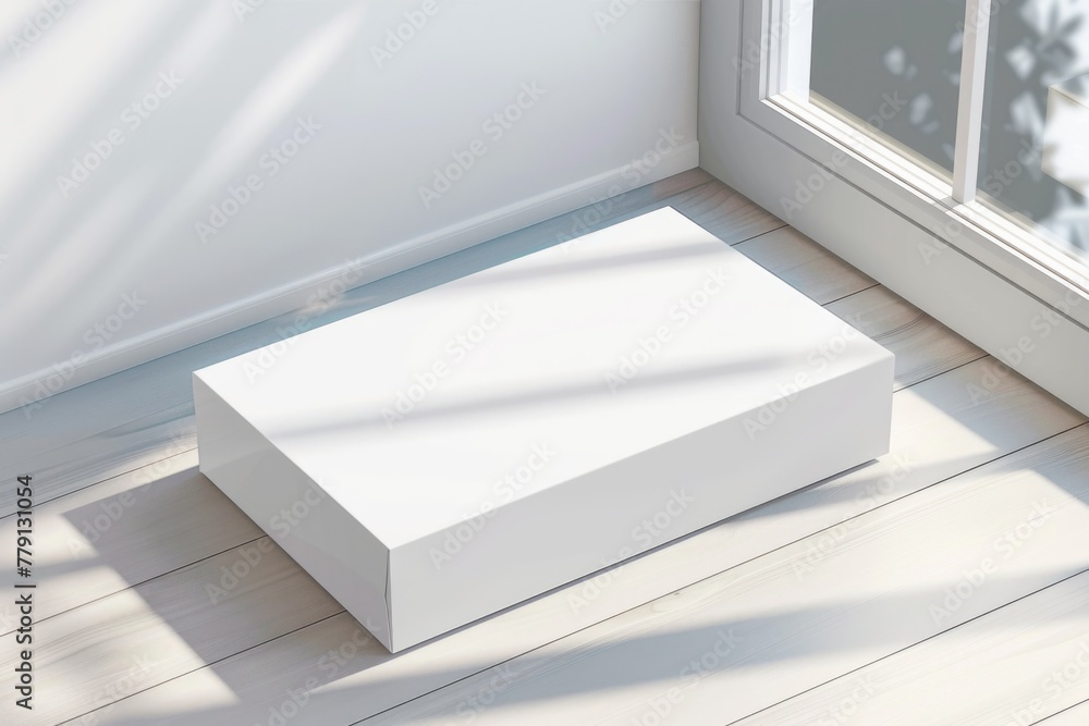 Poster a white box sitting on a wooden floor next to a window. suitable for various interior design concept