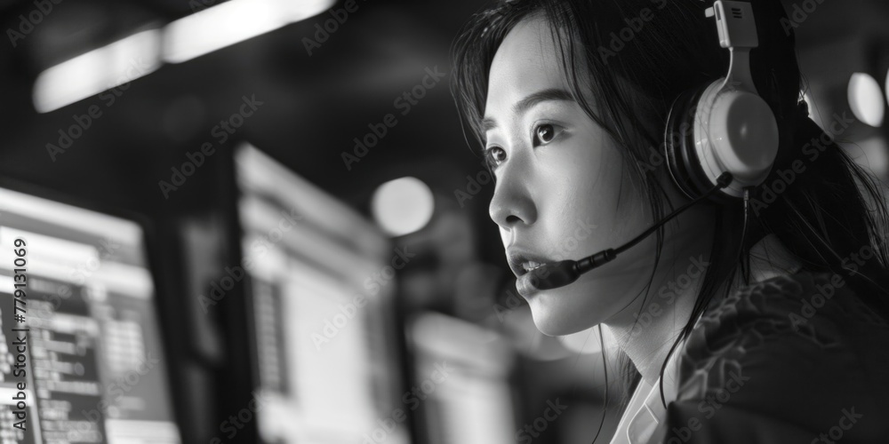 Poster A woman working at a computer with a headset on. Suitable for business or technology concepts