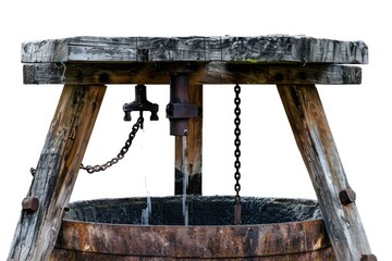 A wooden well with a chain around it. Suitable for historical or rural themes
