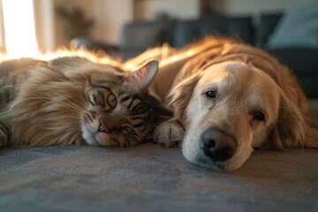 A cozy scene of a dog and a cat lounging on a bed. Perfect for pet lovers or home decor themes