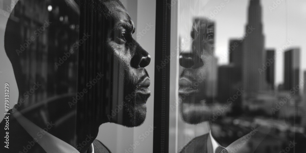 Aufkleber a black and white photo of a man looking out a window. suitable for various design projects