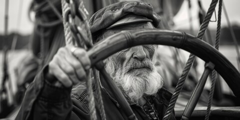 A man on a boat in a striking black and white photo. Perfect for travel and adventure concepts