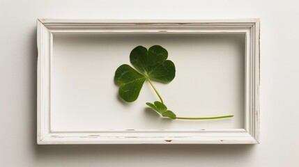 A four-leaf clover against a white background framed in a picture frame.