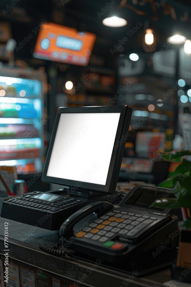 Poster a laptop computer placed on a cash register. suitable for business concepts