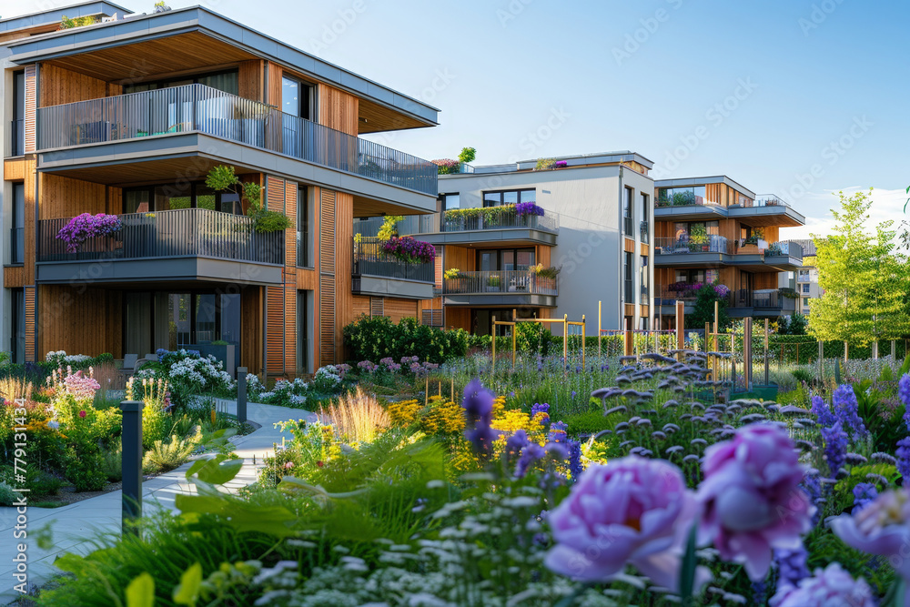 Poster A majestic building adorned with an array of colorful flowers in full bloom, creating a vibrant and enchanting scene
