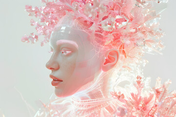 Fashion art portrait of beautiful woman with hair made of transparent pink crystals, dressed in a futuristic style clothes of glass and plastic