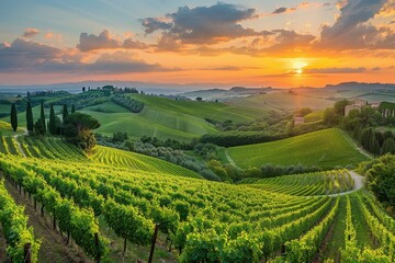 The sun casts a warm glow as it dips below the horizon, illuminating a vineyard nestled in the...