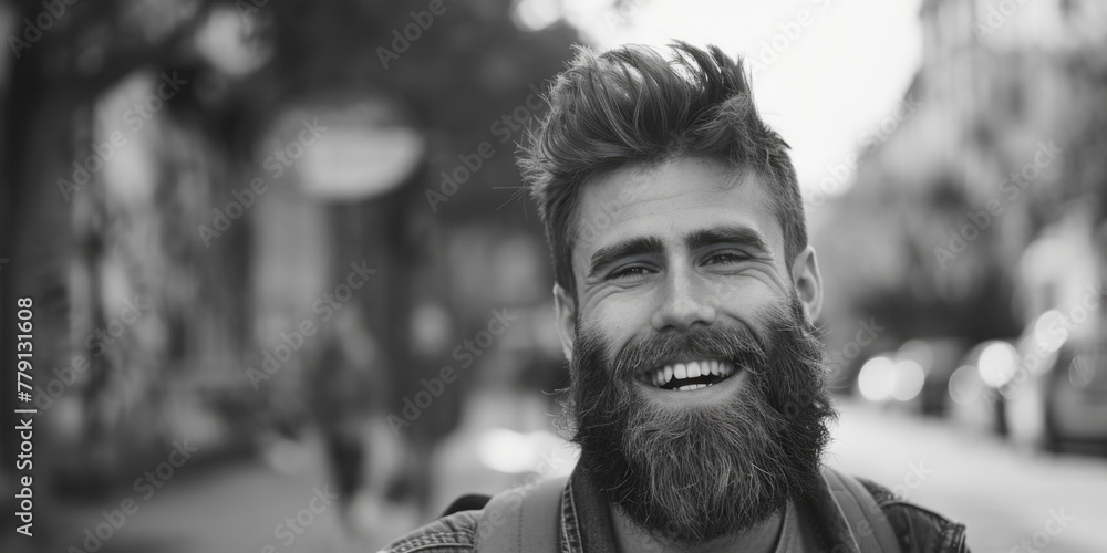 Poster A black and white photo of a man with a beard. Suitable for various projects