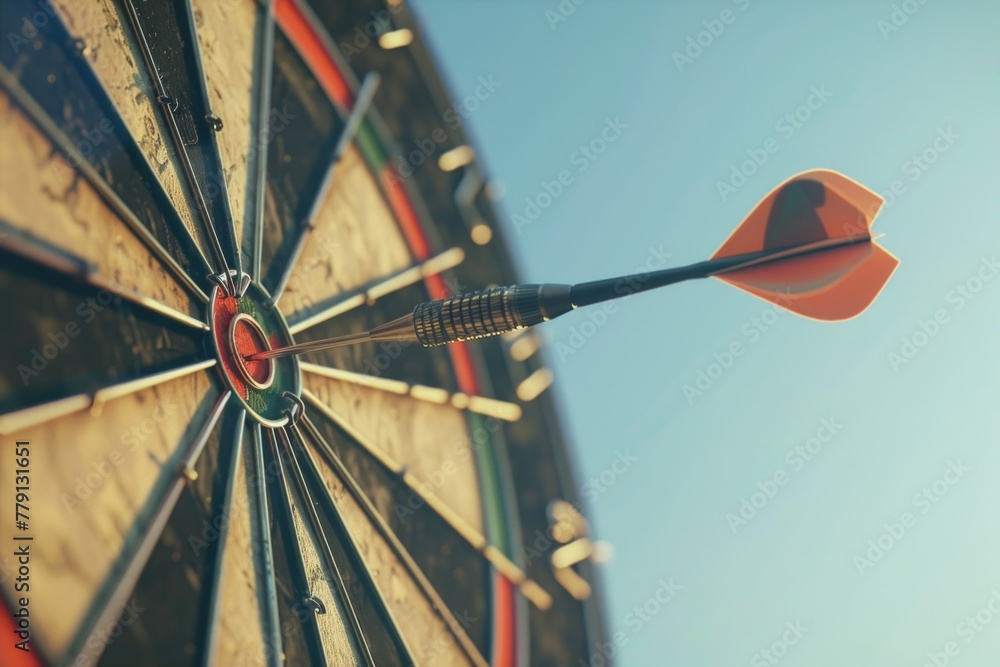 Poster close up shot of a dart hitting the bulls eye target, perfect for illustrating precision and accurac