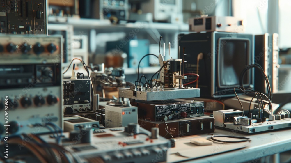 Poster collection of various electronics on a table, suitable for technology concept