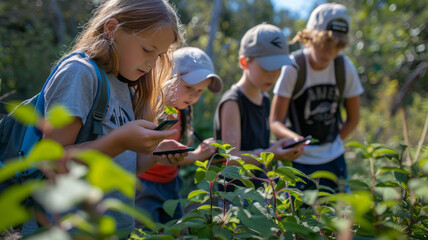 kids engaging in citizen science projects outdoors, using technology to contribute to scientific observations and data collection.generative ai