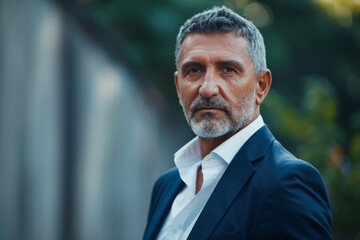 A man in a suit and white shirt looks at the camera