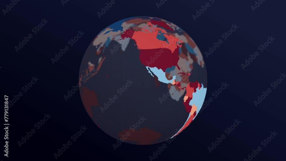 Poster The globe with world map. Dark translucent earth planet in red blue colors rotating. Second turn changes colors to red hues. 4K classy loop animation.